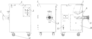 1-корпус; 2 – горловина; 4 –опора колесная; 5 – крышка;                6 – Опора; 7- ворошитель; 8- шнек; 9- зажимы; 10- крышка; 11- педаль.
